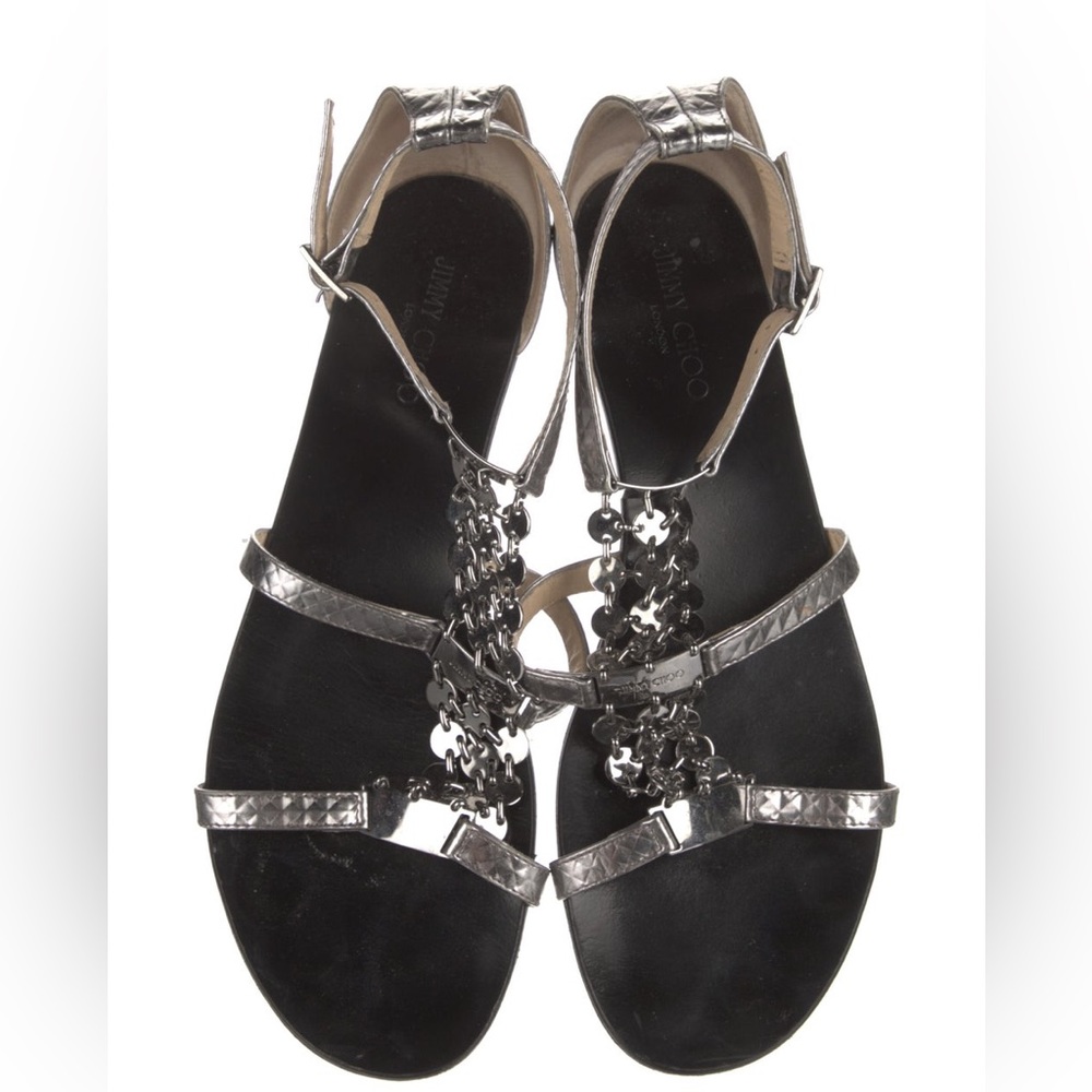 New wo tags Jimmy Choo Grey Leather Printed T-Strap Sandals